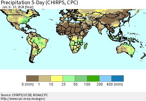 World Precipitation 5-Day (CHIRPS) Thematic Map For 1/6/2024 - 1/10/2024