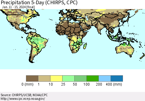 World Precipitation 5-Day (CHIRPS) Thematic Map For 1/11/2024 - 1/15/2024