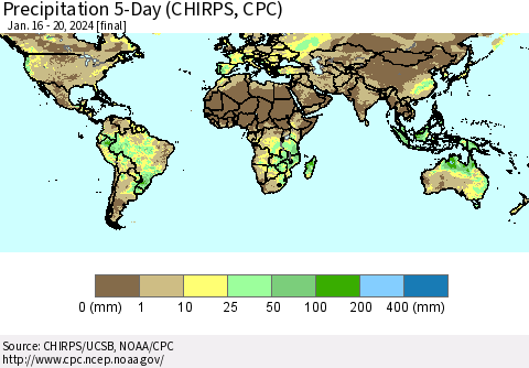 World Precipitation 5-Day (CHIRPS) Thematic Map For 1/16/2024 - 1/20/2024