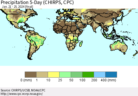 World Precipitation 5-Day (CHIRPS) Thematic Map For 1/21/2024 - 1/25/2024