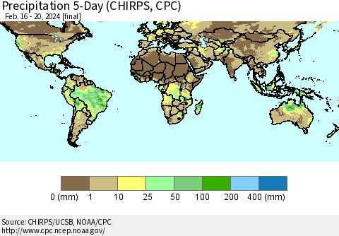 World Precipitation 5-Day (CHIRPS) Thematic Map For 2/16/2024 - 2/20/2024