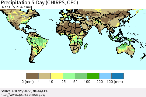 World Precipitation 5-Day (CHIRPS) Thematic Map For 3/1/2024 - 3/5/2024