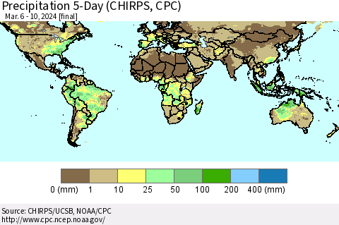 World Precipitation 5-Day (CHIRPS) Thematic Map For 3/6/2024 - 3/10/2024