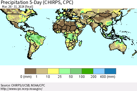 World Precipitation 5-Day (CHIRPS) Thematic Map For 3/26/2024 - 3/31/2024