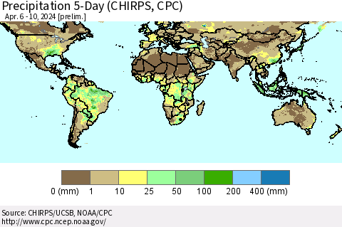 World Precipitation 5-Day (CHIRPS) Thematic Map For 4/6/2024 - 4/10/2024