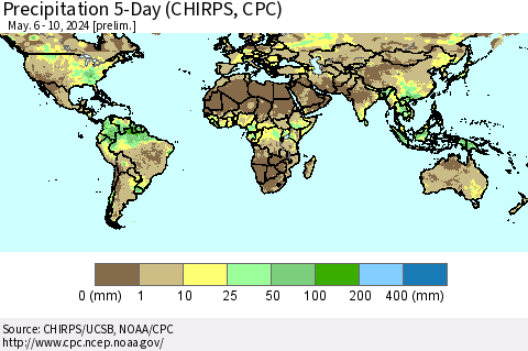 World Precipitation 5-Day (CHIRPS) Thematic Map For 5/6/2024 - 5/10/2024