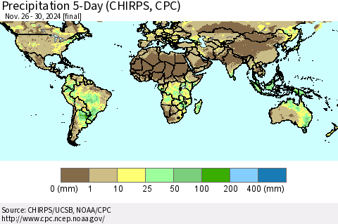 World Precipitation 5-Day (CHIRPS) Thematic Map For 11/26/2024 - 11/30/2024