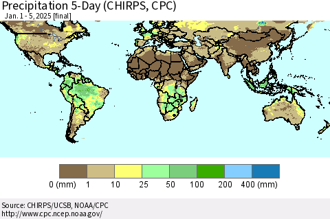 World Precipitation 5-Day (CHIRPS) Thematic Map For 1/1/2025 - 1/5/2025