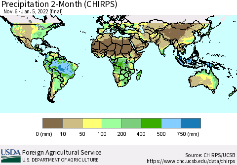 World Precipitation 2-Month (CHIRPS) Thematic Map For 11/6/2021 - 1/5/2022