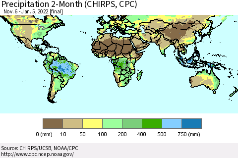 World Precipitation 2-Month (CHIRPS) Thematic Map For 11/6/2021 - 1/5/2022