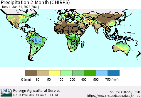World Precipitation 2-Month (CHIRPS) Thematic Map For 12/1/2021 - 1/31/2022