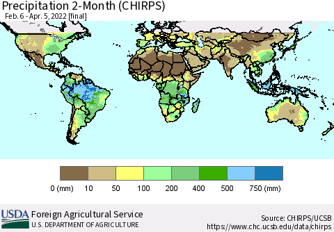 World Precipitation 2-Month (CHIRPS) Thematic Map For 2/6/2022 - 4/5/2022