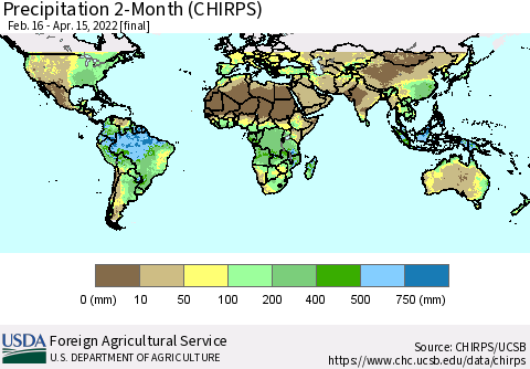 World Precipitation 2-Month (CHIRPS) Thematic Map For 2/16/2022 - 4/15/2022