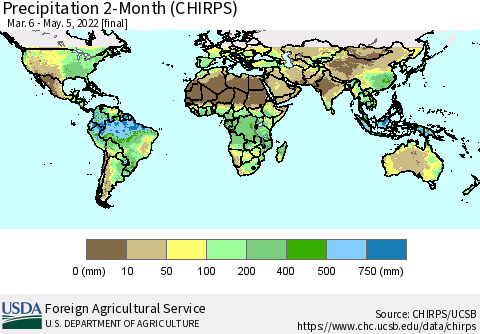 World Precipitation 2-Month (CHIRPS) Thematic Map For 3/6/2022 - 5/5/2022