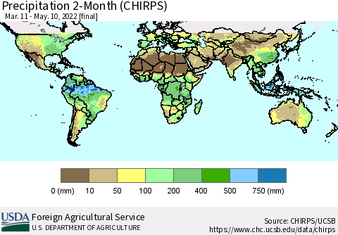 World Precipitation 2-Month (CHIRPS) Thematic Map For 3/11/2022 - 5/10/2022