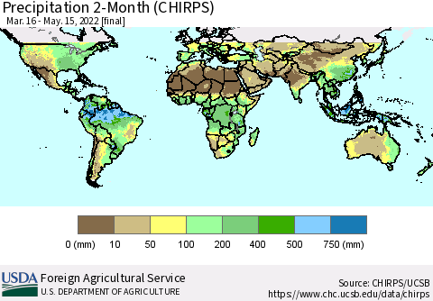 World Precipitation 2-Month (CHIRPS) Thematic Map For 3/16/2022 - 5/15/2022
