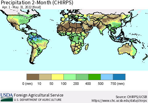 World Precipitation 2-Month (CHIRPS) Thematic Map For 4/1/2022 - 5/31/2022