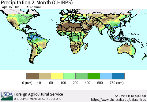 World Precipitation 2-Month (CHIRPS) Thematic Map For 4/16/2022 - 6/15/2022