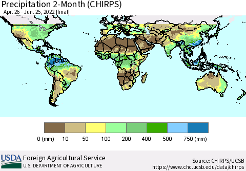 World Precipitation 2-Month (CHIRPS) Thematic Map For 4/26/2022 - 6/25/2022