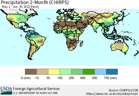 World Precipitation 2-Month (CHIRPS) Thematic Map For 5/1/2022 - 6/30/2022