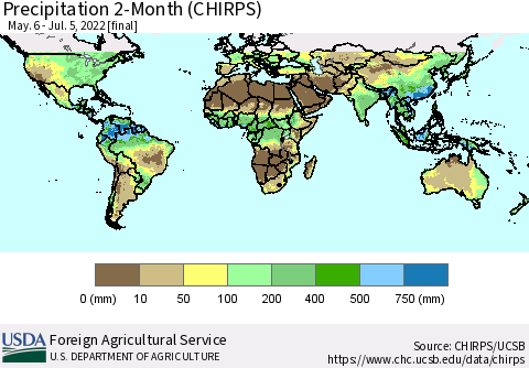 World Precipitation 2-Month (CHIRPS) Thematic Map For 5/6/2022 - 7/5/2022