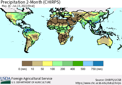 World Precipitation 2-Month (CHIRPS) Thematic Map For 5/16/2022 - 7/15/2022