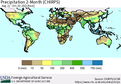 World Precipitation 2-Month (CHIRPS) Thematic Map For 8/21/2022 - 10/20/2022