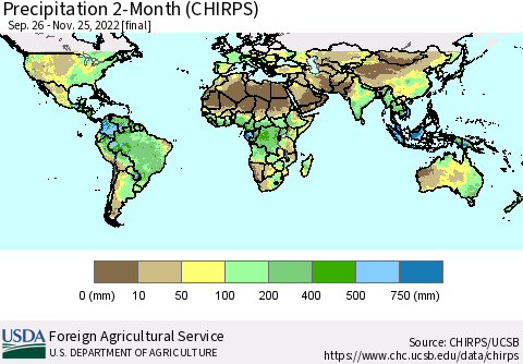 World Precipitation 2-Month (CHIRPS) Thematic Map For 9/26/2022 - 11/25/2022