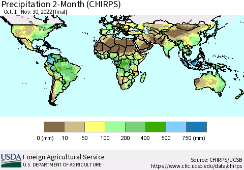 World Precipitation 2-Month (CHIRPS) Thematic Map For 10/1/2022 - 11/30/2022