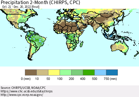 World Precipitation 2-Month (CHIRPS) Thematic Map For 10/21/2022 - 12/20/2022