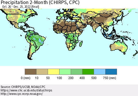 World Precipitation 2-Month (CHIRPS) Thematic Map For 10/26/2022 - 12/25/2022