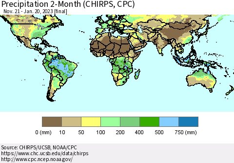 World Precipitation 2-Month (CHIRPS) Thematic Map For 11/21/2022 - 1/20/2023