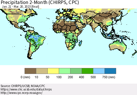 World Precipitation 2-Month (CHIRPS) Thematic Map For 1/21/2023 - 3/20/2023