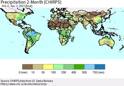 World Precipitation 2-Month (CHIRPS) Thematic Map For 2/6/2023 - 4/5/2023