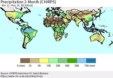 World Precipitation 2-Month (CHIRPS) Thematic Map For 3/11/2023 - 5/10/2023