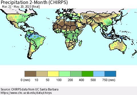 World Precipitation 2-Month (CHIRPS) Thematic Map For 3/21/2023 - 5/20/2023