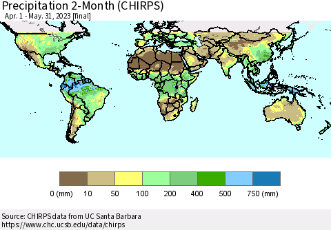World Precipitation 2-Month (CHIRPS) Thematic Map For 4/1/2023 - 5/31/2023