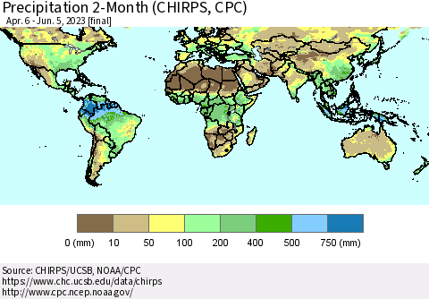 World Precipitation 2-Month (CHIRPS) Thematic Map For 4/6/2023 - 6/5/2023