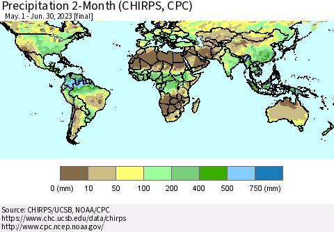 World Precipitation 2-Month (CHIRPS) Thematic Map For 5/1/2023 - 6/30/2023