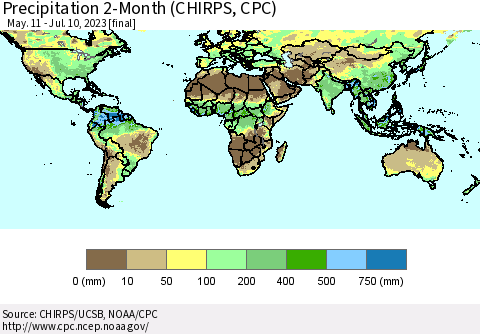 World Precipitation 2-Month (CHIRPS) Thematic Map For 5/11/2023 - 7/10/2023