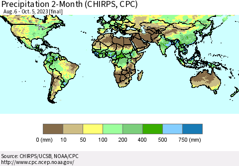 World Precipitation 2-Month (CHIRPS) Thematic Map For 8/6/2023 - 10/5/2023