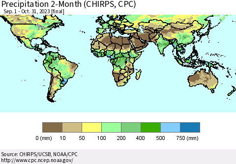 World Precipitation 2-Month (CHIRPS) Thematic Map For 9/1/2023 - 10/31/2023