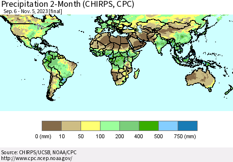 World Precipitation 2-Month (CHIRPS) Thematic Map For 9/6/2023 - 11/5/2023