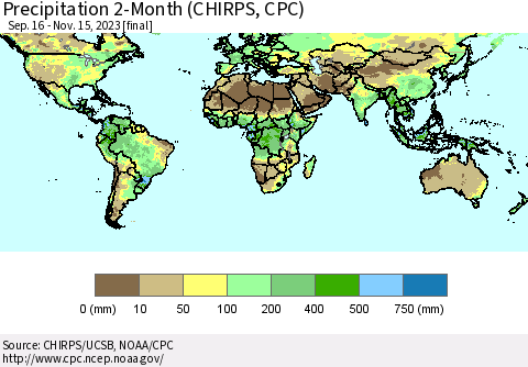 World Precipitation 2-Month (CHIRPS) Thematic Map For 9/16/2023 - 11/15/2023