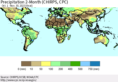 World Precipitation 2-Month (CHIRPS) Thematic Map For 10/1/2023 - 11/30/2023