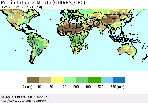 World Precipitation 2-Month (CHIRPS) Thematic Map For 10/21/2023 - 12/20/2023
