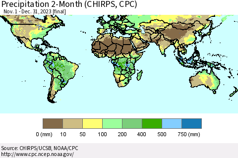 World Precipitation 2-Month (CHIRPS) Thematic Map For 11/1/2023 - 12/31/2023