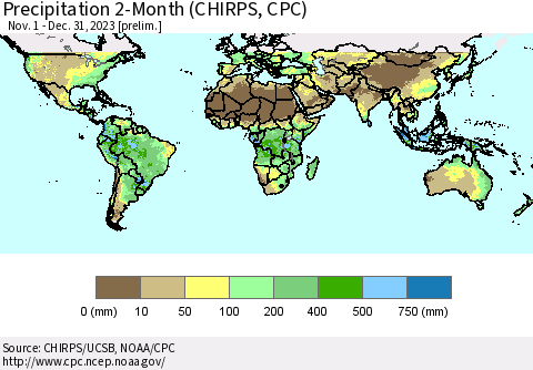 World Precipitation 2-Month (CHIRPS) Thematic Map For 11/1/2023 - 12/31/2023
