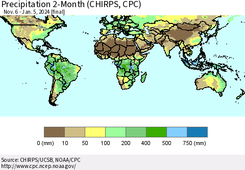 World Precipitation 2-Month (CHIRPS) Thematic Map For 11/6/2023 - 1/5/2024