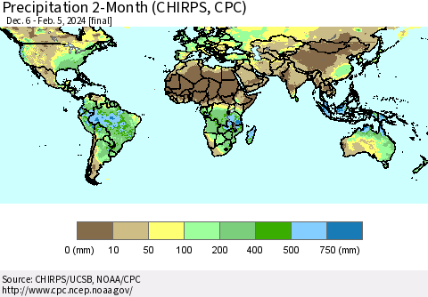 World Precipitation 2-Month (CHIRPS) Thematic Map For 12/6/2023 - 2/5/2024